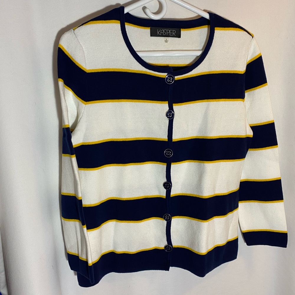 Kasper Nautical Cardigan Sweater, Size small blue, yellow and white striped